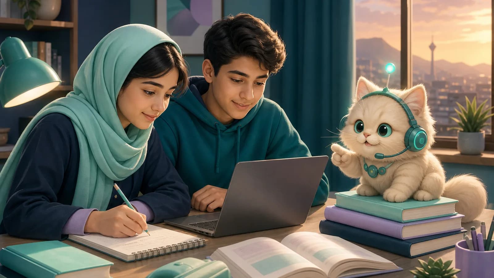 دانش‌آموزان ایرانی در حال مطالعه با کمک هوش مصنوعی و ربات‌گربه‌ی هوشی روی کتاب‌ها