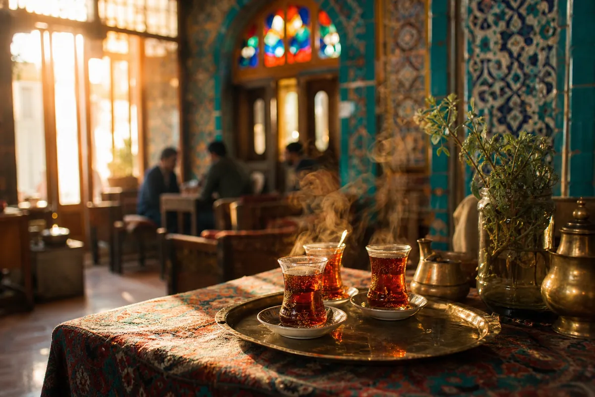 ساخت عکس با هوش مصنوعی؛ چایخانه‌ی سنتی ایرانی با استکان‌های چای در نور غروب