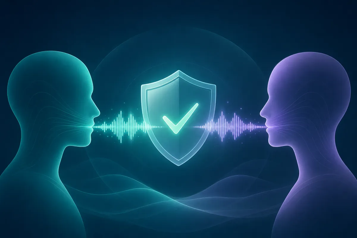 تصویر مفهومی کلون صدا با رضایت؛ دو نیم‌رخ انسان و موج صوتی با سپر محافظ
